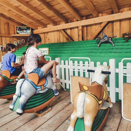 Beim Pony-Derby müsst Ihr Euer Pferd nach vorne schaukeln. Wer wird erster und wer schafft die Tagesbestzeit?